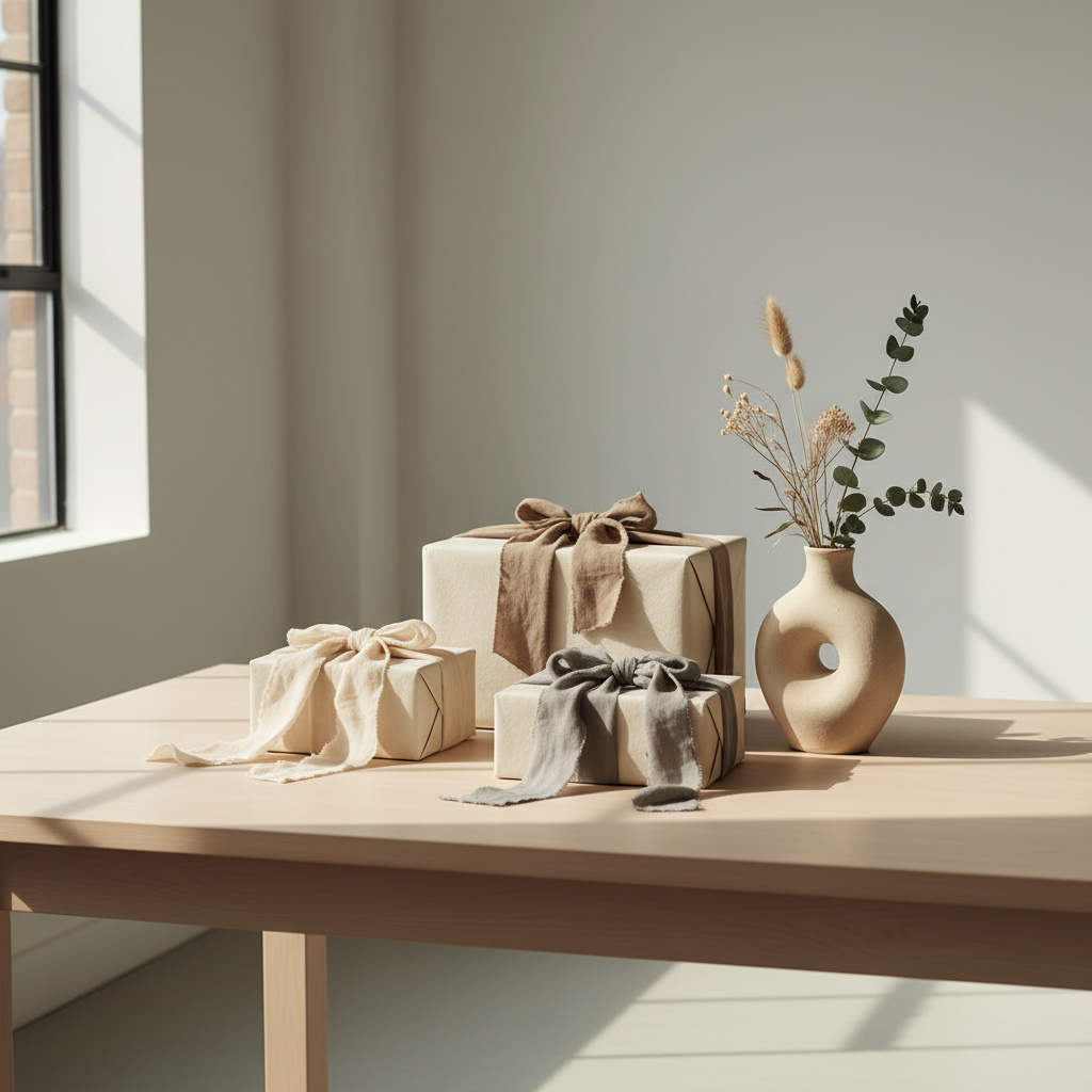 Elegant tabletop with wrapped gifts and handcrafted decor in the Kovela studio