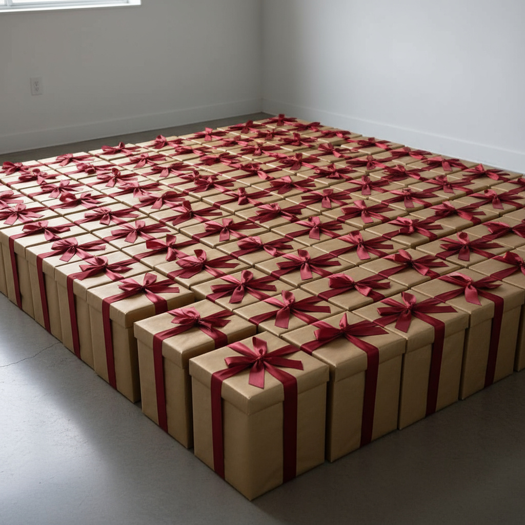 Neatly wrapped corporate gift boxes stacked in the studio