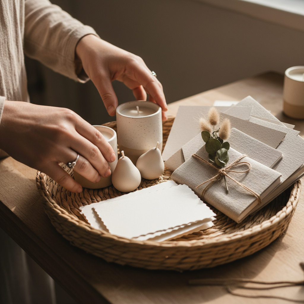 Artisan arranging a personalized gift set with candles and decor