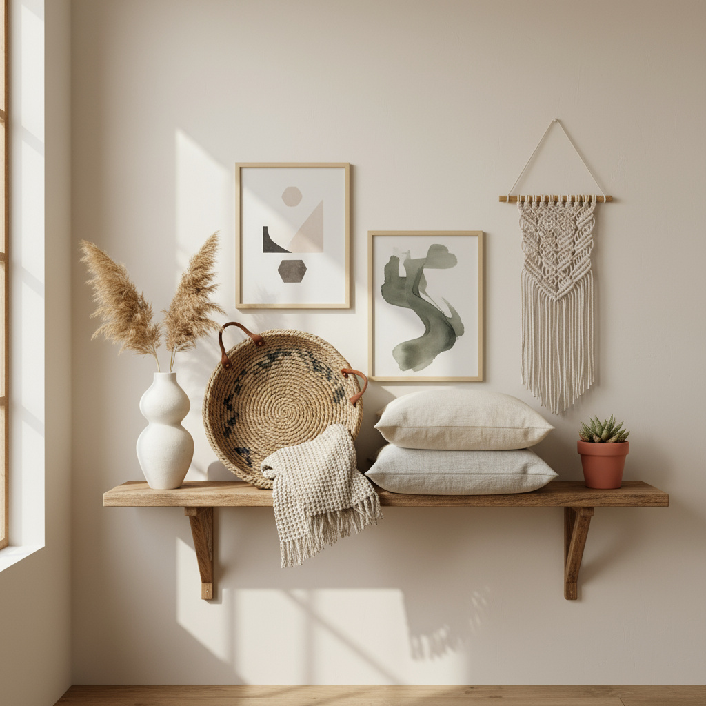 Handcrafted home decor arrangement with ceramics and woven accents