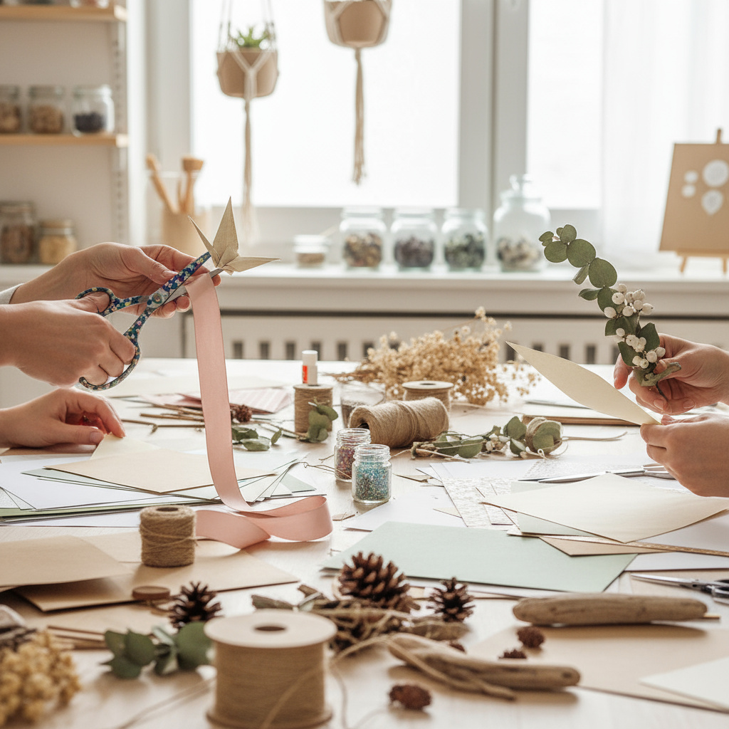 Creative workshop participants crafting DIY decor with ribbons and natural materials